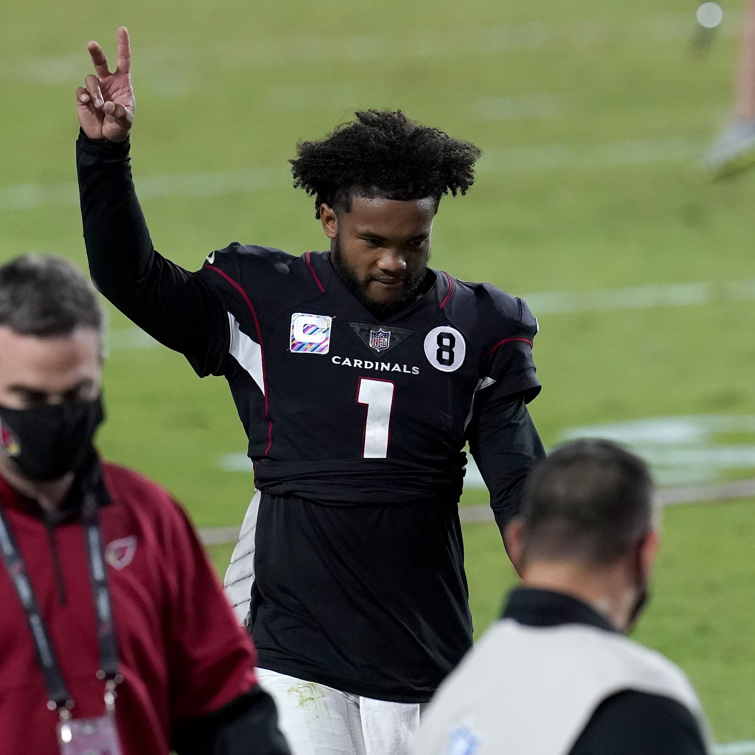 NFC strong safety Budda Baker of the Arizona Cardinals (3) celebrates an  interception with NFC …