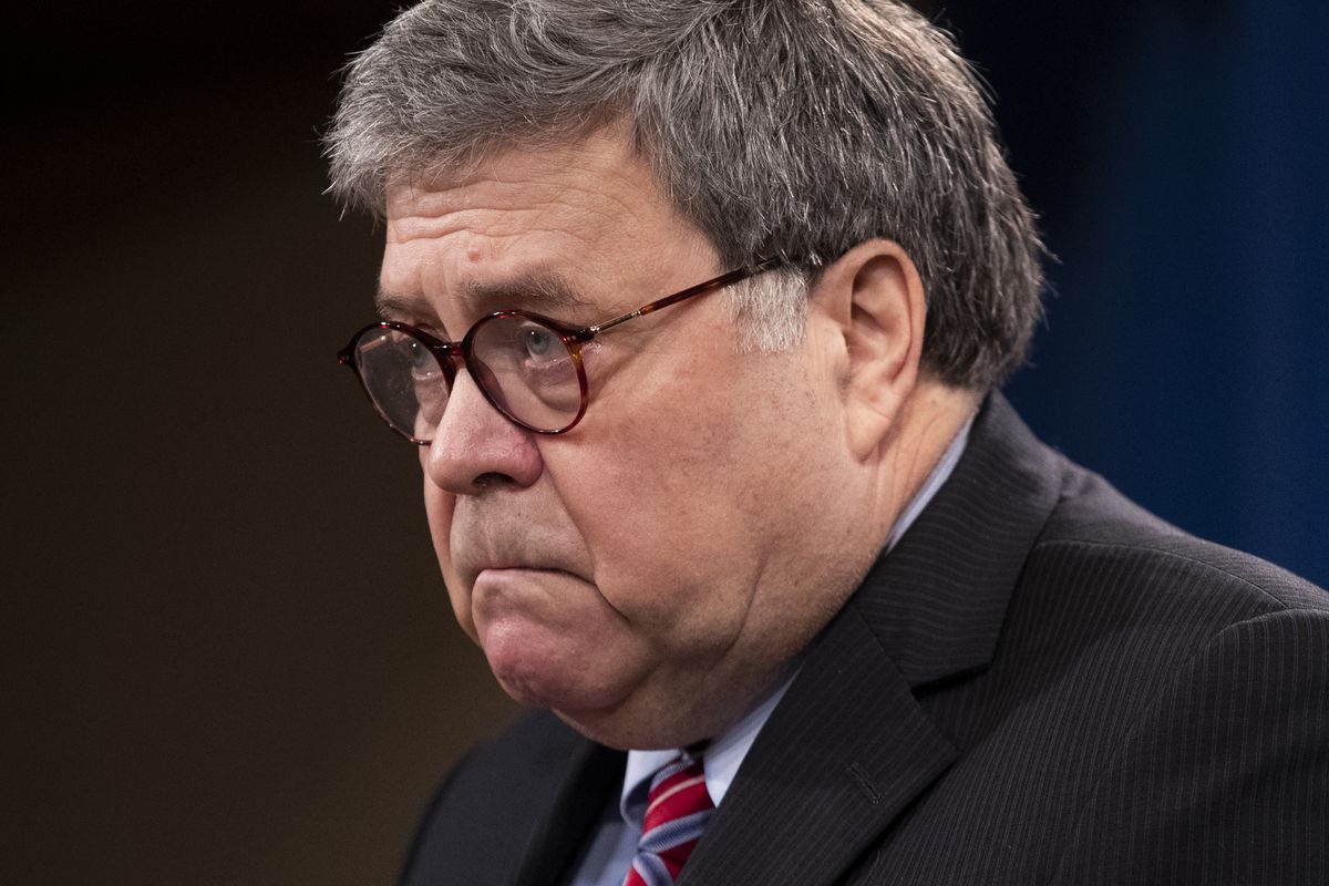 Attorney General William Barr speaks during a news conference, Monday, Dec. 21, 2020 at the Justice Department in Washington.  (Michael Reynolds)