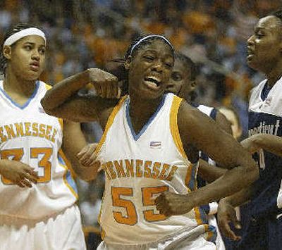 
Tennessee's Nicky Anosike reacts after hitting a shot and drawing a foul during an 89-80 win over Connecticut. 
 (Associated Press / The Spokesman-Review)