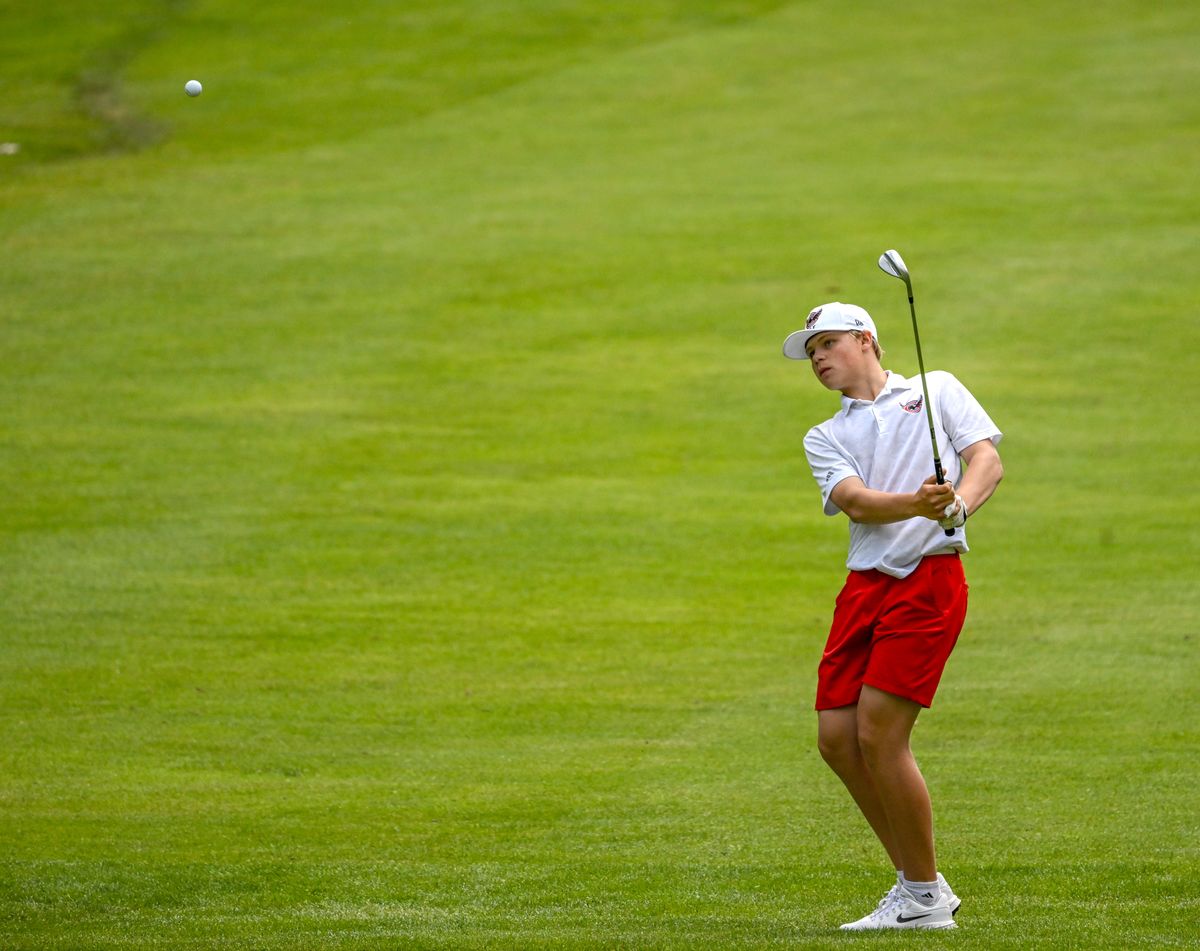 Cheney High School golfer Brayden Anderson hits a chiop shot on the back nine at the Washington state 3A golf championships Tuesday, May 20, 2026 at Indian Canyon Golf Course in Spokane, Washington. Anderson scored a 136 for the two-day tournament to win the individual title while the Cheney Blackhawks won the team title as well.  (Jesse Tinsley/THE SPOKESMAN-REVI)