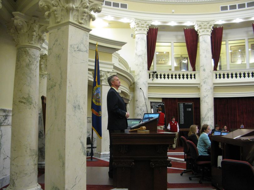 Lt. Gov. Brad Little presides over the Idaho Senate on Tuesday evening; Little broke a 17-17 tie, voting no and killing a medical equipment licensing bill (Betsy Z. Russell)