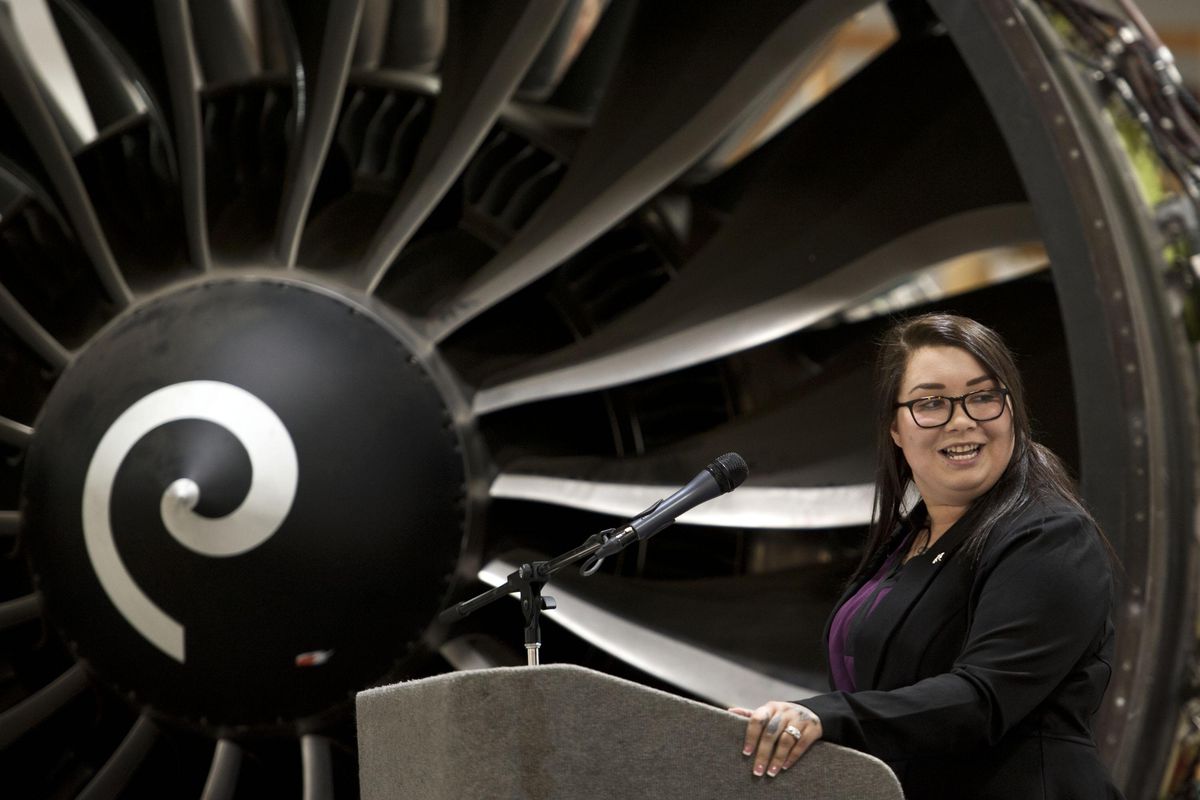 Jennifer Paige, a Boeing employee and graduate of Spokane Community College’s aviation maintenance program, speaks during an unveiling ceremony for a 787 Dreamliner engine that her company donated to SCC on Tuesday, Oct. 8, 2019. (Kathy Plonka / The Spokesman-Review)