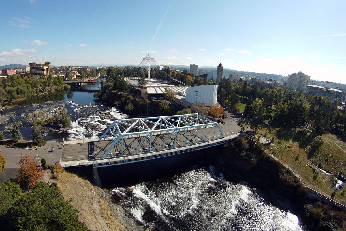 Riverfront Park as Spokane knows it today evolved from the hosting of Expo ’74, which received significant support from Tom Foley. This aerial view was taken from above the Howard Street Bridge and Canada Island in the Spokane River, looking east at the park. (Jesse Tinsley)