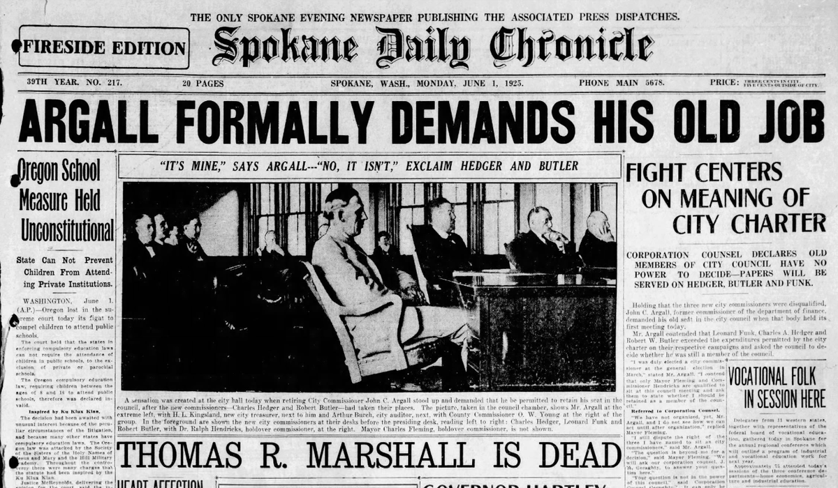 City commission candidate John C. Argall stood up during the first meeting of the new commission and demanded his old seat back, the Spokane Daily Chronicle reported on June 1, 1925. (Spokesman-Review archives)