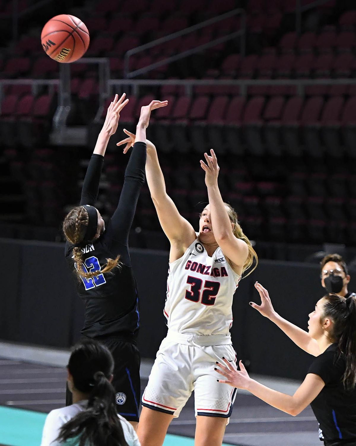 Gonzaga guard Jill Townsend fires off the winning shot at the buzzer to defeat BYU 43-42 on Tuesday at the Orleans Arena in Las Vegas.  (COLIN MULVANY/THE SPOKESMAN-REVIEW)