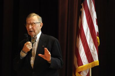 Dee Eberhart closes his eyes and concentrates on his remembrance of liberating victims of the Holocaust at Dachau during a presentation at Fairchild Air Force Base Monday, as part of their annual Holocaust remembrance ceremony. (CHRISTOPHER ANDERSON / The Spokesman-Review)