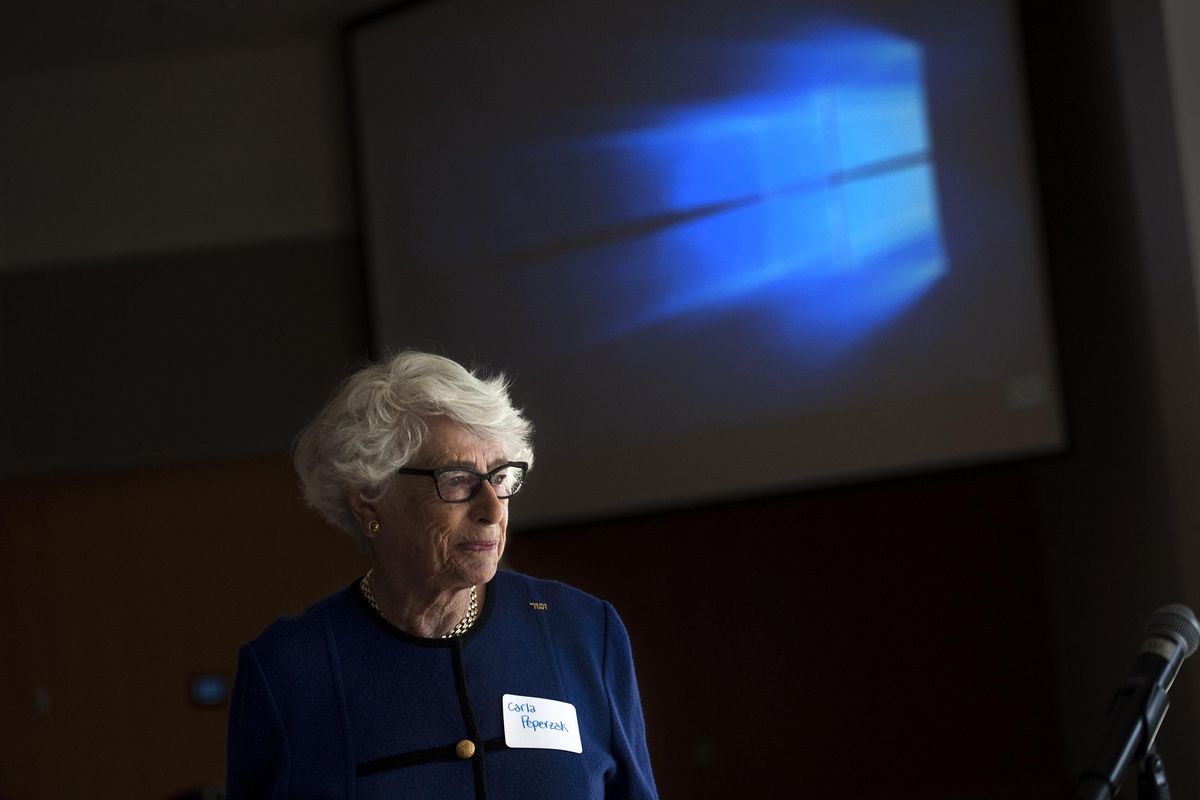 Holocaust survivor and member of the Dutch resistance movement Carla Peperzak pauses before addressing the crowd at Gonzaga University in Spokane on Friday, Oct. 20, 2017. Kathy Plonka/THE SPOKESMAN-REVIEW (Kathy Plonka / The Spokesman-Review)