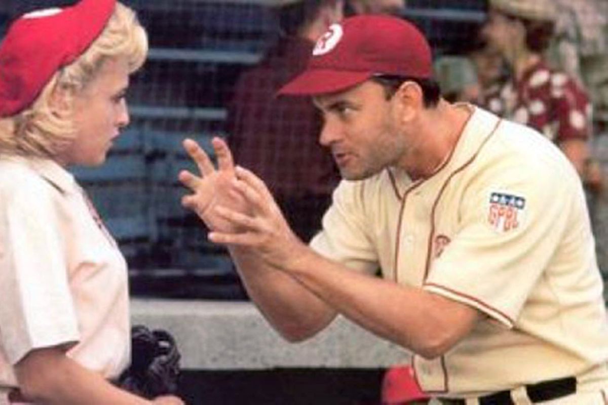 This image released by Columbia TriStar Home Video shows a scene from the movie "A League of Their Own" as manager Jimmy Dugan (Tom Hanks) admonishes Evelyn Gardner (Bitty Schram) with the memorable line "there