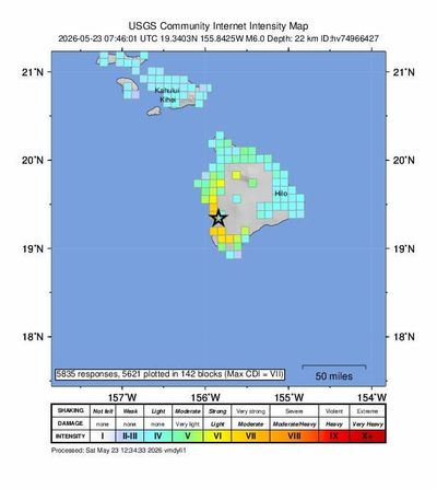 An earthquake with a magnitude of 6.0 struck Hawaii at 9:46 p.m. local time the evening of May 22, 2026. It was felt most strongly on the west side of the Island of Hawaii, or the Big Island.  (U.S. Geological Survey)