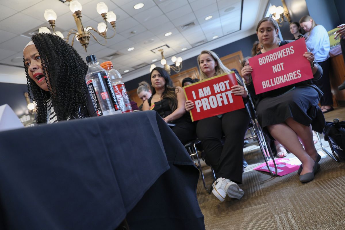 Veteran and student loan borrower Bonni Snider testifies during a special forum on the rising cost of education at the Dirksen Senate Office Building on May 14 in Washington, D.C. (Jemal Countess)