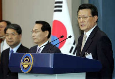 
Baek Jong-chun, chief presidential secretary for security affairs, right, announces today that the leaders of North and South Korea will hold their second-ever summit later this month. Associated Press
 (Associated Press / The Spokesman-Review)