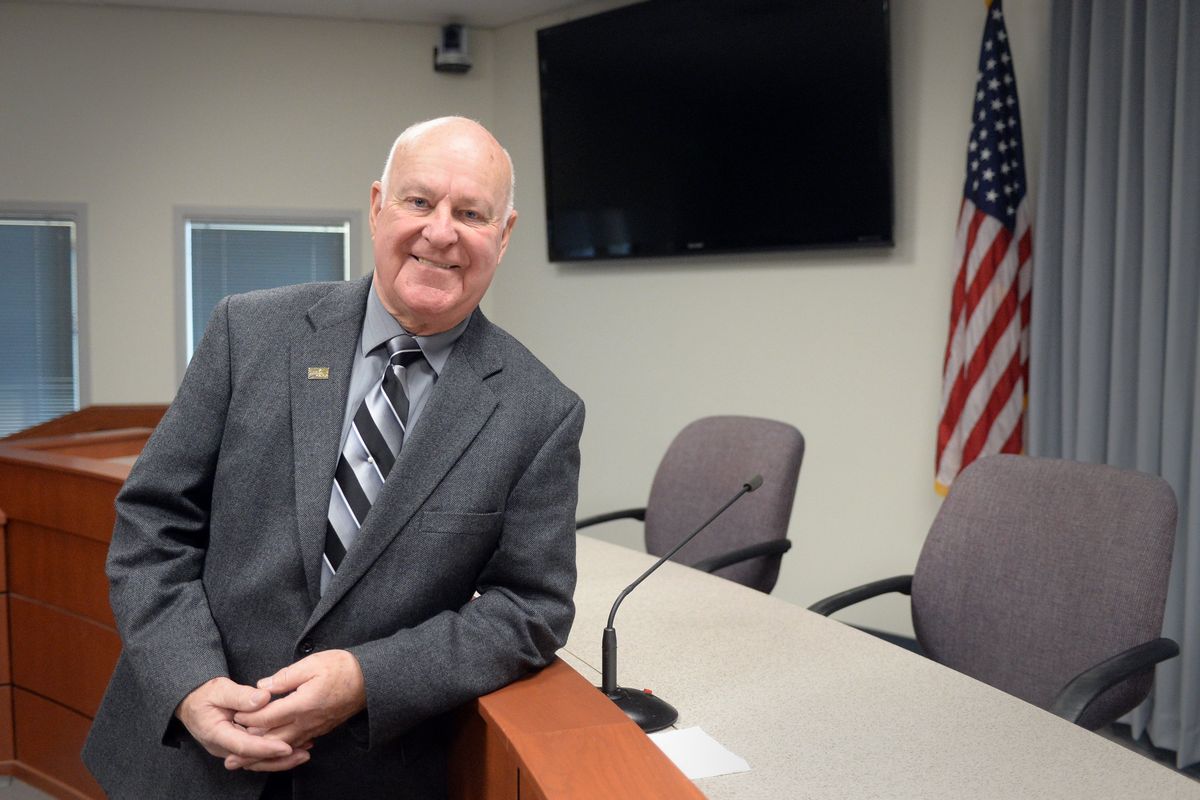 Spokane Valley Mayor Tom Towey toward the end of his tenure on the Spokane Valley City Council posed for this photograph in the council chambers on Nov. 25, 2013. in the council chambers.   (JESSE TINSLEY/The Spokesman-Review)