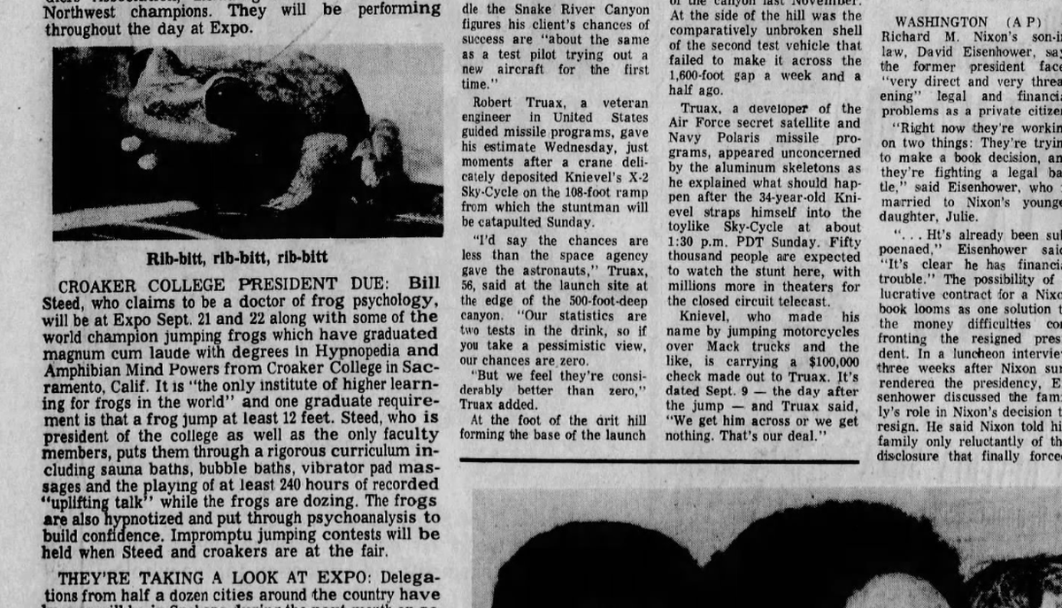 Bill Steed, self-proclaimed “doctor of frog psychology,” was coming to Expo ’74 with his stable of competitive jumping frogs, The Spokesman-Review reported on Sept. 5, 1974.  (Spokesman-Review archives)