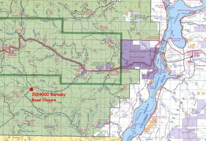 Map showing Barnaby Bridge road closure on the Colville National Forest on Aug. 3, 2012. (Courtesy photo)