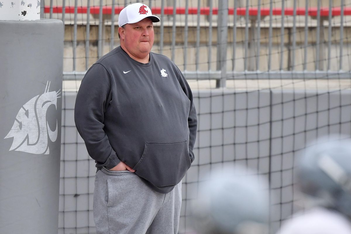 WSU defensive coordinator Tracy Claeys watches his team on Thursday, April 4, 2019, in Pullman. (Tyler Tjomsland / The Spokesman-Review)