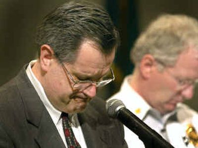 
A tearful Mayor Jim West asks for a moment of silence for the injured and missing city employees during a news conference Tuesday morning at City Hall. A tearful Mayor Jim West asks for a moment of silence for the injured and missing city employees during a news conference Tuesday morning at City Hall. 
 (Christopher Anderson/Christopher Anderson/ / The Spokesman-Review)