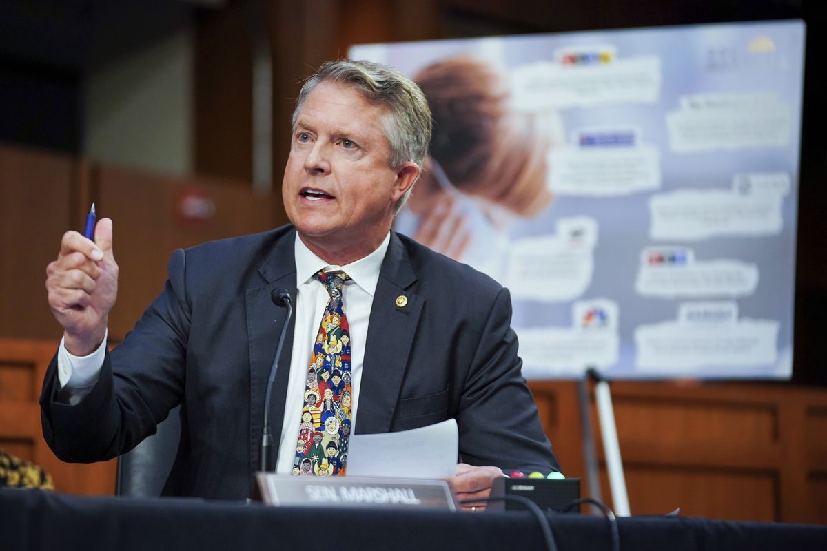 In this Sept. 20, 2021 photo, Sen. Roger Marshall, R-Kan., speaks during a Senate Health, Education, Labor, and Pensions Committee hearing to discuss reopening schools during the COVID-19 pandemic on Capitol Hill in Washington. Marshall won