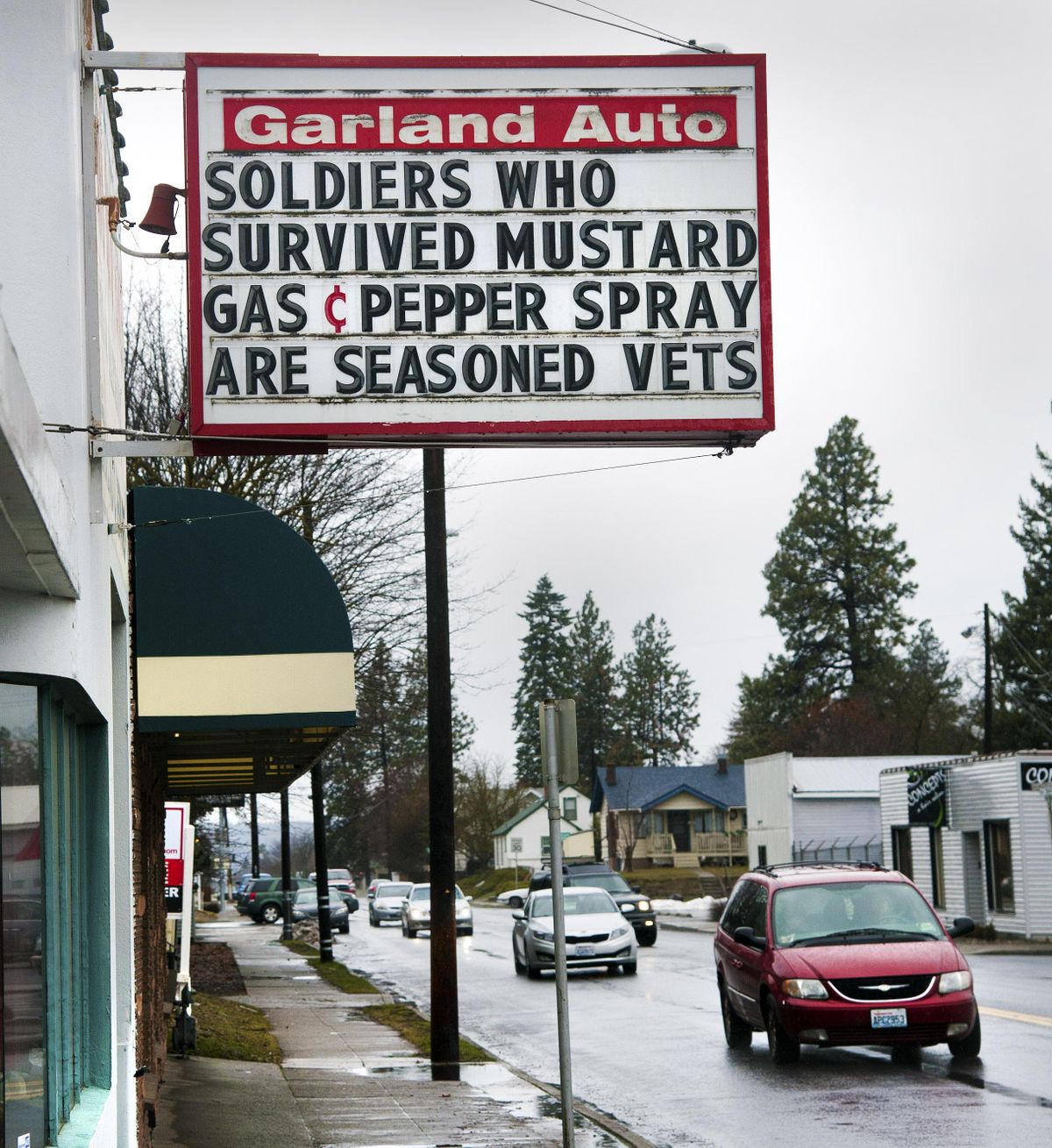 The Garland Auto reader sign is changed about once a month, depending on the weather. (Dan Pelle / The Spokesman-Review)