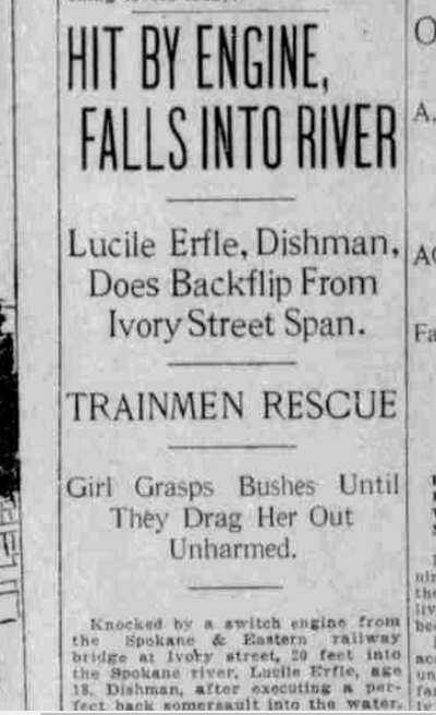 Lucy Erfle, 18, was unharmed after tumbling into the Spokane River on this day 100 years ago.  (S-R archives)