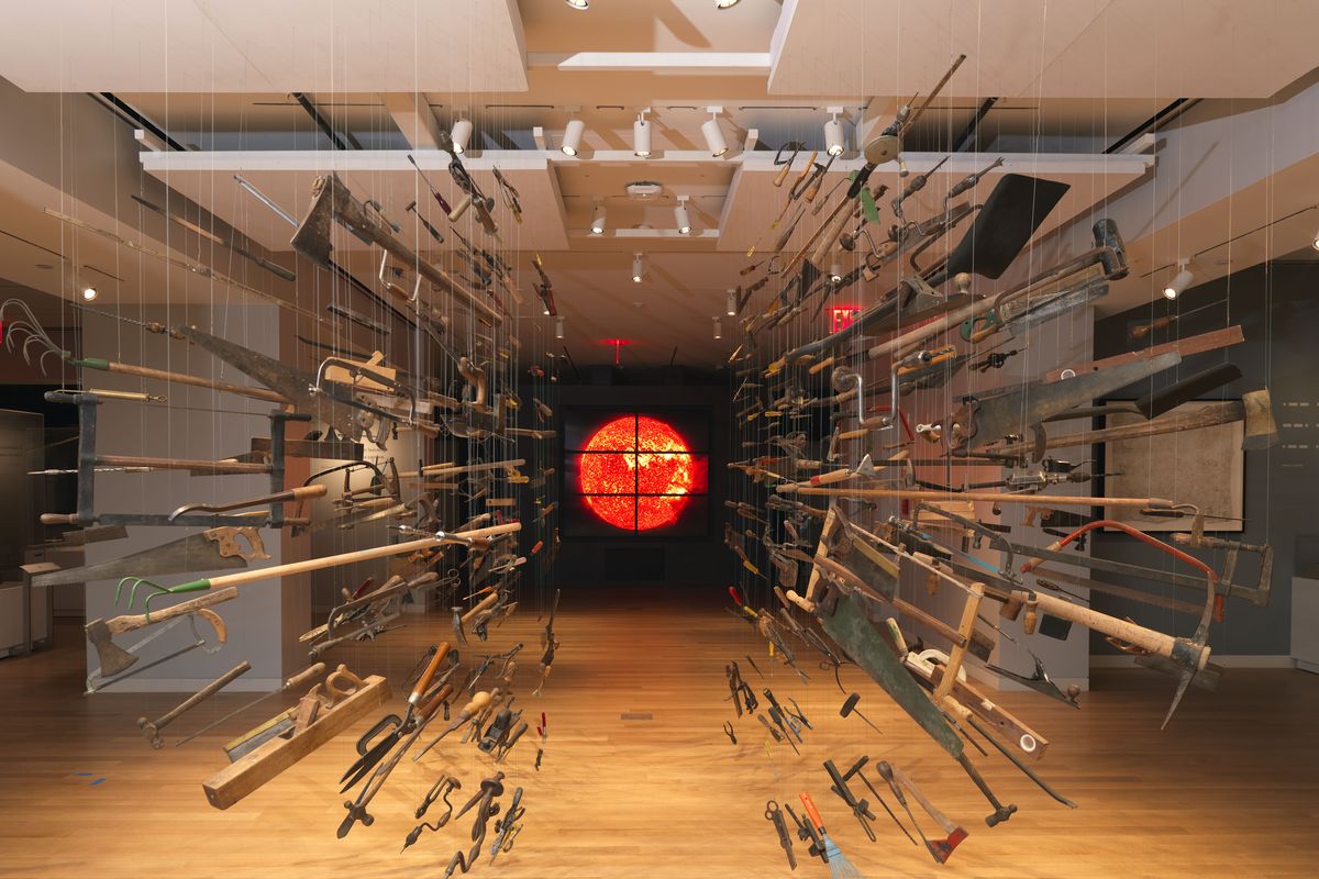 The installation view of “Tools: Extending Our Reach” featuring Controller of the Universe by Damián Ortega and Solar Wall at the museum in New York. (Associated Press)