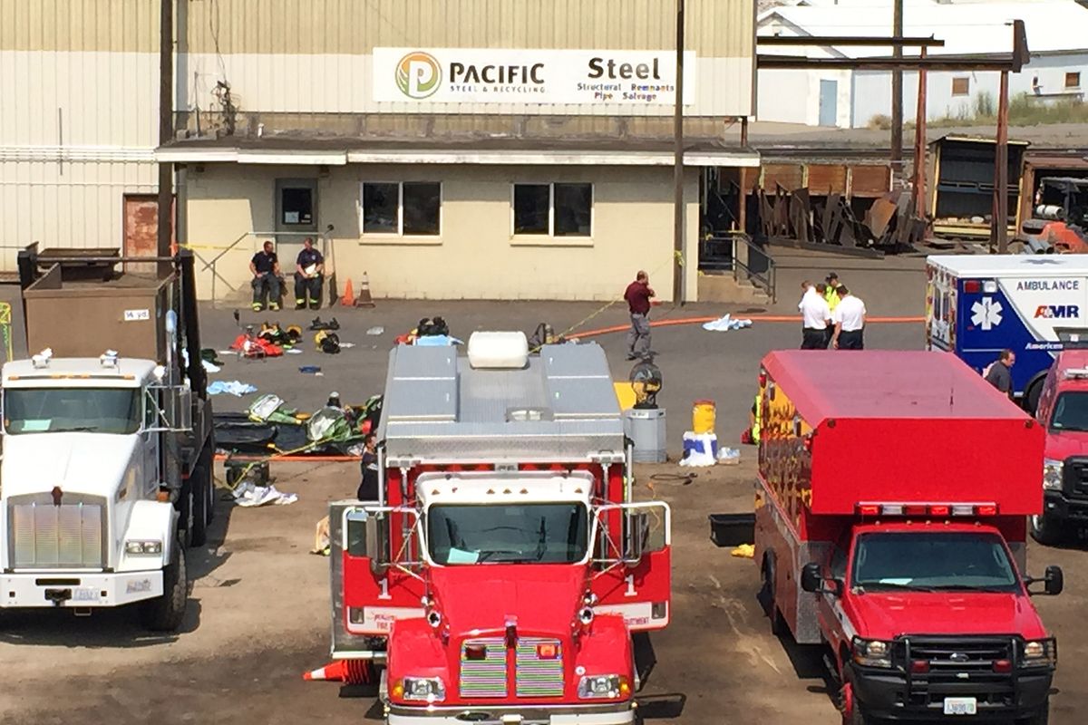 From the scene of a hazmat investigation at Pacific Steel and Recycling, 1114 N. Ralph St., on Wednesday morning. (Jesse Tinsley / The Spokesman-Review)