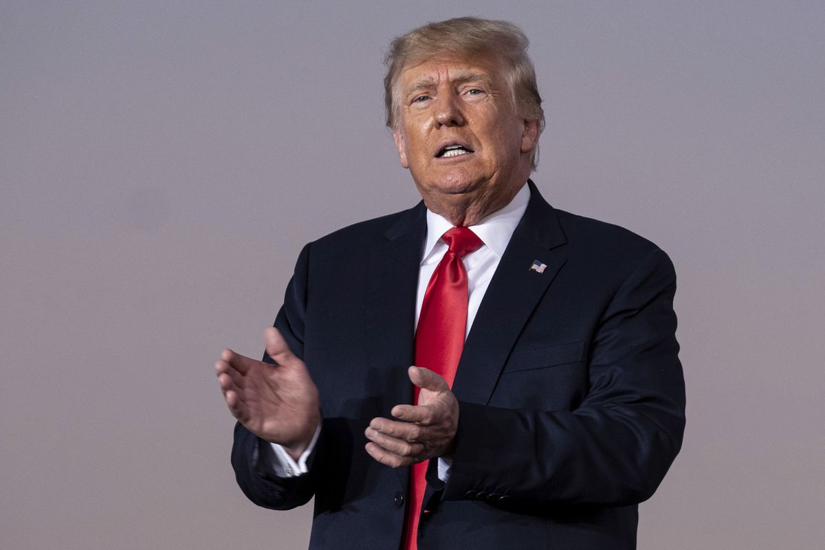 Former President Donald Trump prepares to take the stage during a rally in Perry, Ga., on Sept. 25, 2021. Trump is stepping up his election-year effort to dominate the Republican Party with a Saturday rally in Arizona in which he plans to castigate anyone who dares to question his lie that the 2020 presidential election was stolen, likely including the state's GOP governor, Doug Ducey.  (Ben Gray)