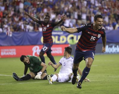 United States’ Eric Lichaj (15) reacts after kicking a goal during a CONCACAF Gold Cup quarterfinal soccer match against El Salvador in Philadelphia, Wednesday, July 19, 2017. (Matt Rourke / Associated Press)