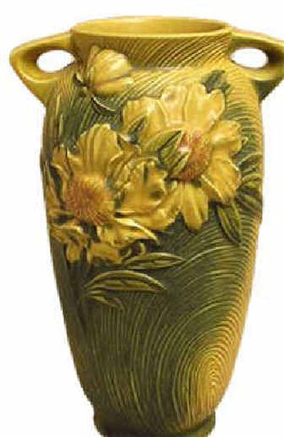 This 12-inch-high Roseville Peony vase dates to 1942.
(The Spokesman-Review)