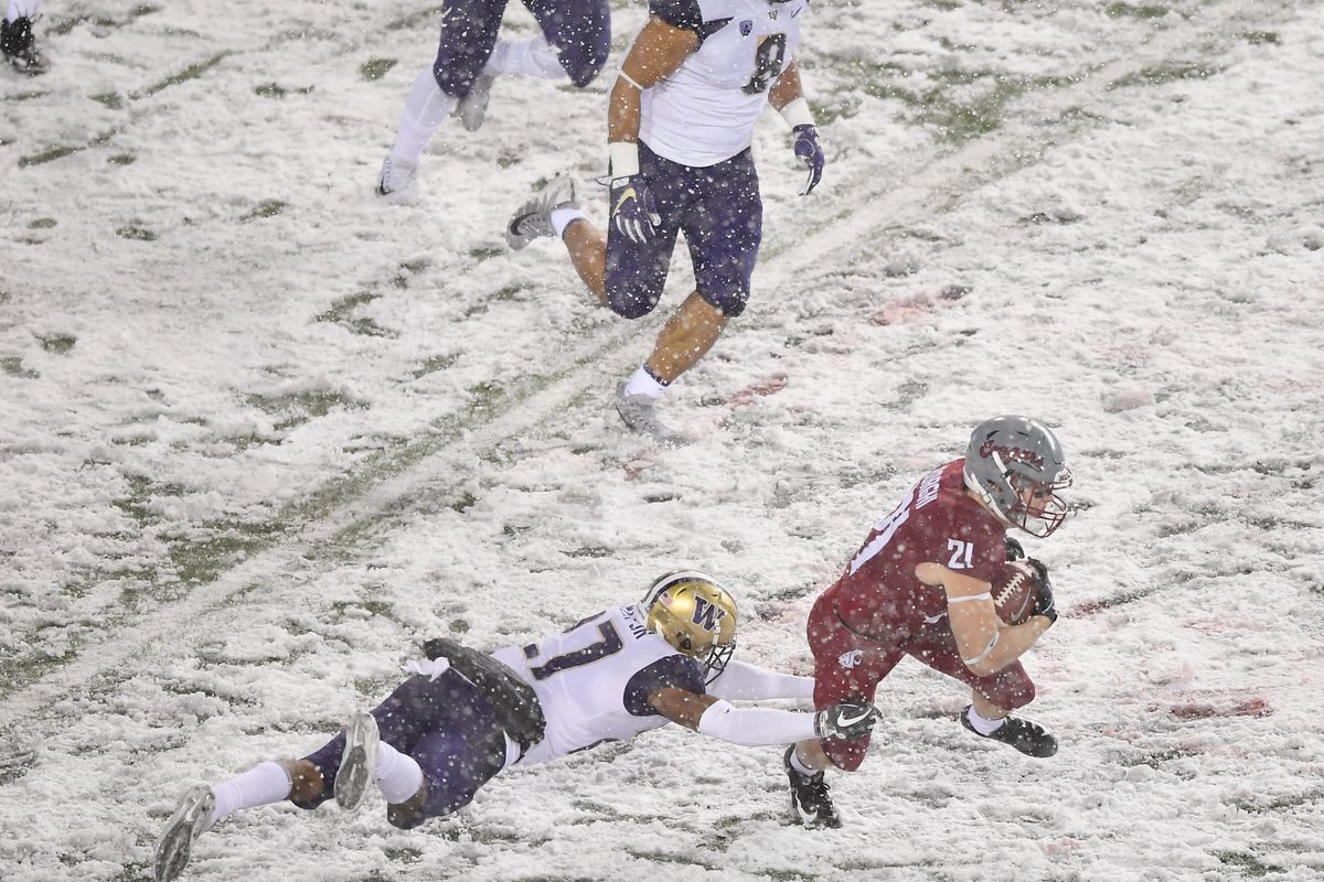 Washington State running back Max Borghi evades a Washington tackler during the 2018 Apple Cup in Pullman.  (Tyler Tjomsland/The Spokesman-Review)