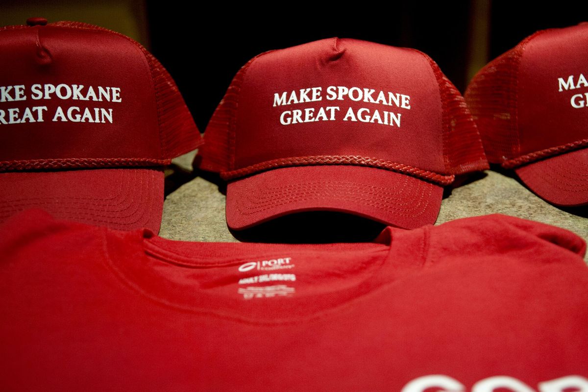 “Make Spokane Great Again” hats on sale at a meeting of the Spokane County Republican Party, which nominated three potential replacements for former Spokane County Commissioner Shelly O’Quinn on Saturday, Aug. 5, 2017 at the Sun City Church in Spokane Valley. (Kathy Plonka / The Spokesman-Review)