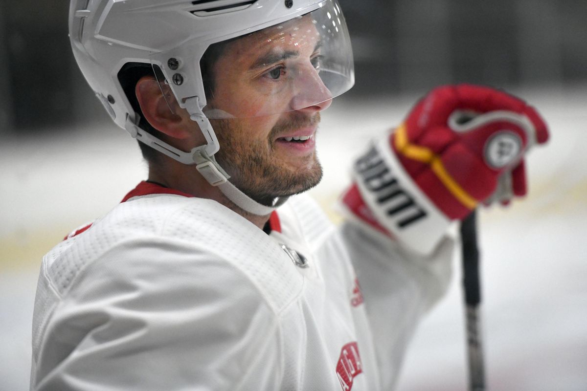 Derek Ryan of the Calgary Flames pauses for a moment during practice at Frontier Ice Arena in Coeur d