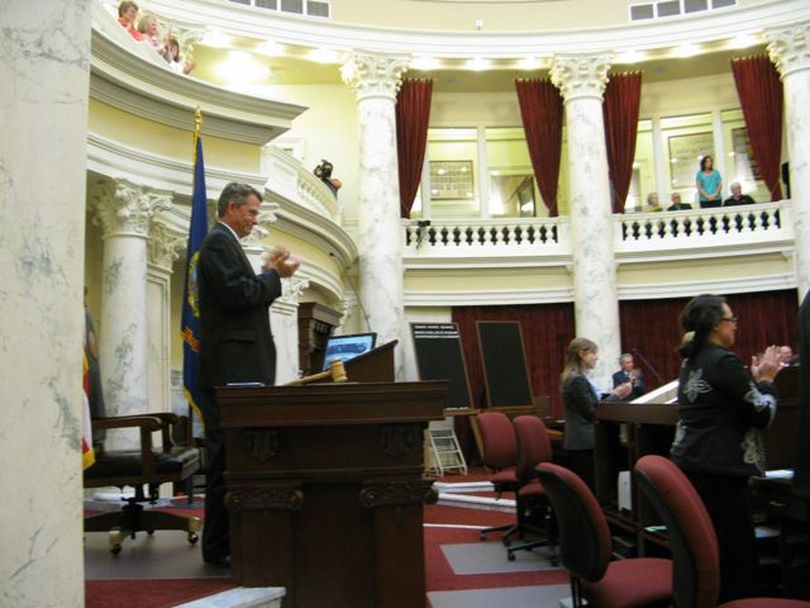 Lt. Gov. Brad Little, president of the Idaho Senate, applauds at the close of the legislative session on Thursday after 81 days. (Betsy Russell)