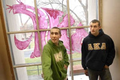 
Washington State University students Colin Dickinson and Tim Rusk, both 21, of Alpha Kappa Lambda fraternity think it would be a bad idea if Pullman adopts a law charging all participants in a fight. 
 (Dan Pelle / The Spokesman-Review)