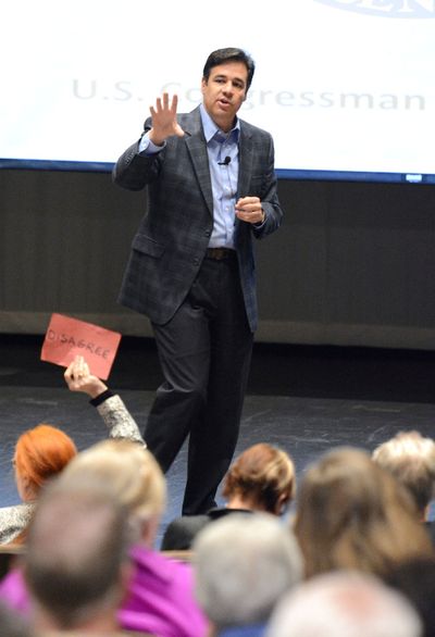 U.S. Congressman Raul R. Labrador responds to questions during a town hall meeting at Lewis-Clark State College, Friday, May 5, 2017, in Lewiston, Idaho. (Kyle Mills/Lewiston Tribune via AP)