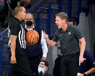 Gonzaga head coach Mark Few gives an official an earful over a call during the Zags' win over Bellarmine last last.  (Colin Mulvany/The Spokesman-Review)