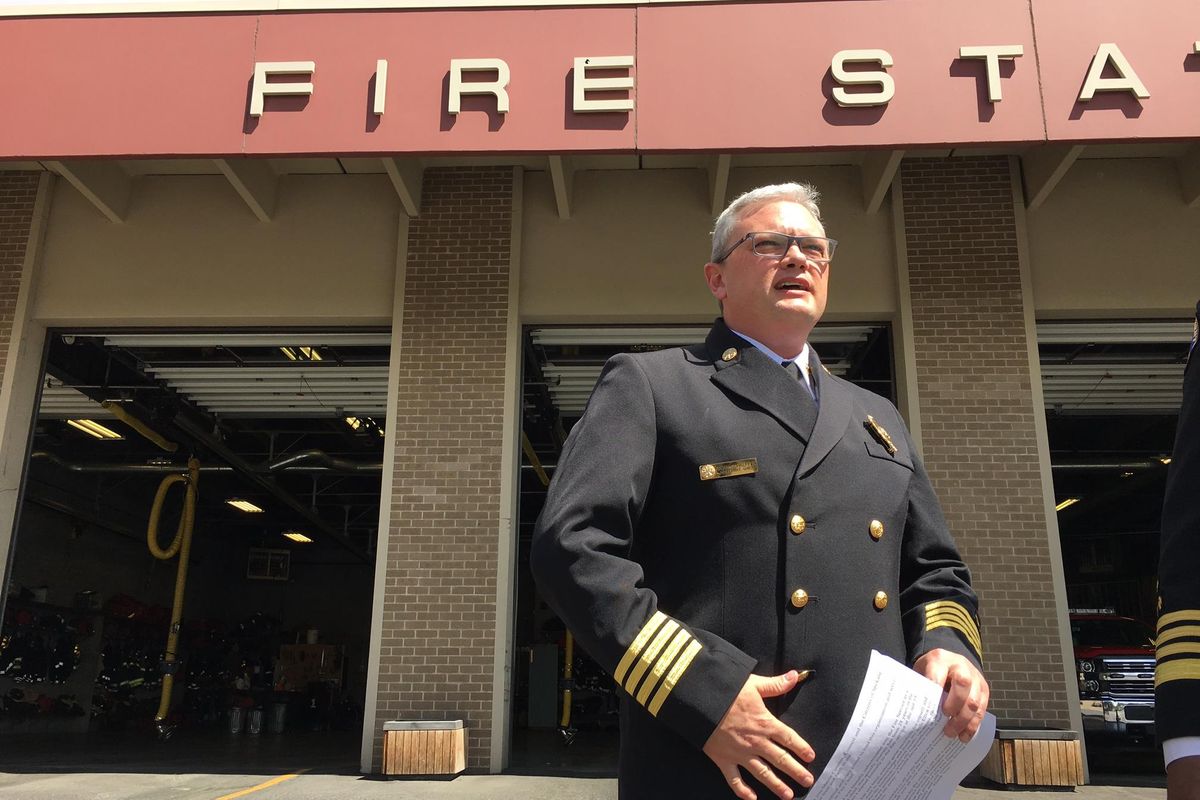 Interim Fire Chief Brian Schaeffer just before Spokane Mayor David Condon announced that Schaeffer was his pick to fill the fire chief position permanently. (Dan Pelle / The Spokesman-Review)