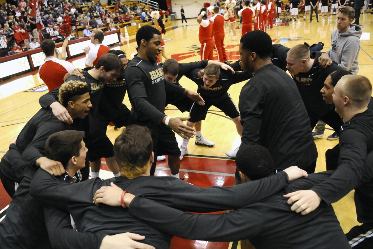 The Idaho Vandals huddle before a game against the Eastern Washington Eagles on Friday, Feb. 17, 2017, at Reese Court in Cheney. (Special to The Spokesman-Review / James Snook)