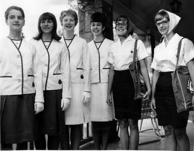 Off on a cruise: In this photo taken July 2, 1966, half of Spokane’s delegation to the first Horizon Club Conference Afloat gets together to show off their special conference uniforms and make preparations for the three-week workshop-cruise through the Caribbean. They are, from left, Sylvia Sallquist, Lewis and Clark High School; Barbara Ann Powell, Holy Names Academy; Linda Clarkson, Lewis and Clark High School; Judy Hurd, Freeman High School; Linda Exley, Shadle Park High School, and Valorie Marschall, East Valley High School. They would fly with six others to New York and sail from there to San Juan, Puerto Rico, Cartagena, Colombia, and Kingston, Jamaica.