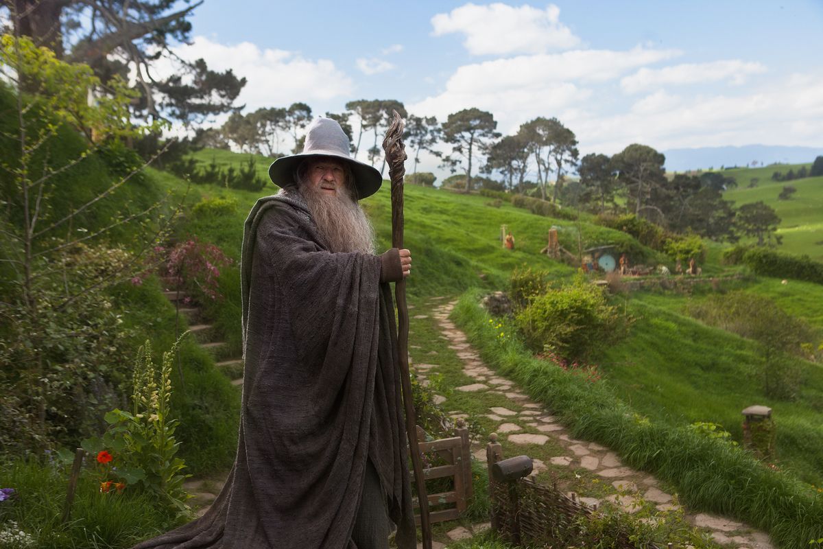 This film image released by Warner Bros., shows Ian McKellen as Gandalf in a scene from the fantasy adventure "The Hobbit: An Unexpected Journey." (James Fisher / Warner Bros.)