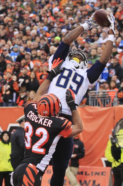 Chargers tight end Ladarius Green catches a TD pass over Bengals safety Chris Crocker. (Associated Press)