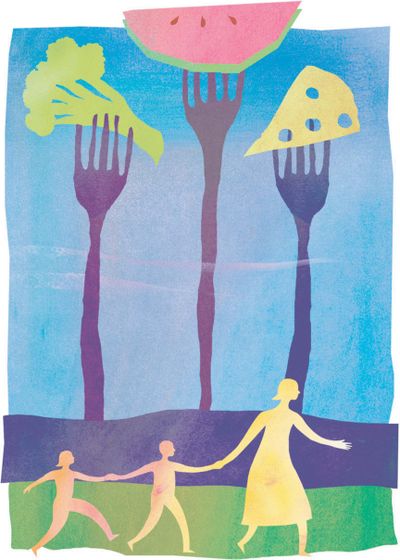 Sharon Kilday’s color illustration of tall forks of broccoli, watermelon and cheese looming over mother and children. (Kilday / MCT)