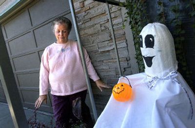 
Its all over, says Cathy Peden about the zucchini she and neighbor Kevin Fairhurst have exchanged in disguise for the past several months. The vegetable has shown up at each others home as a fish, airplane and other creatures and structures. Peden now has the zucchini as a ghost anchored in cement, hoping the dual is over. 
 (Brian Plonka / The Spokesman-Review)