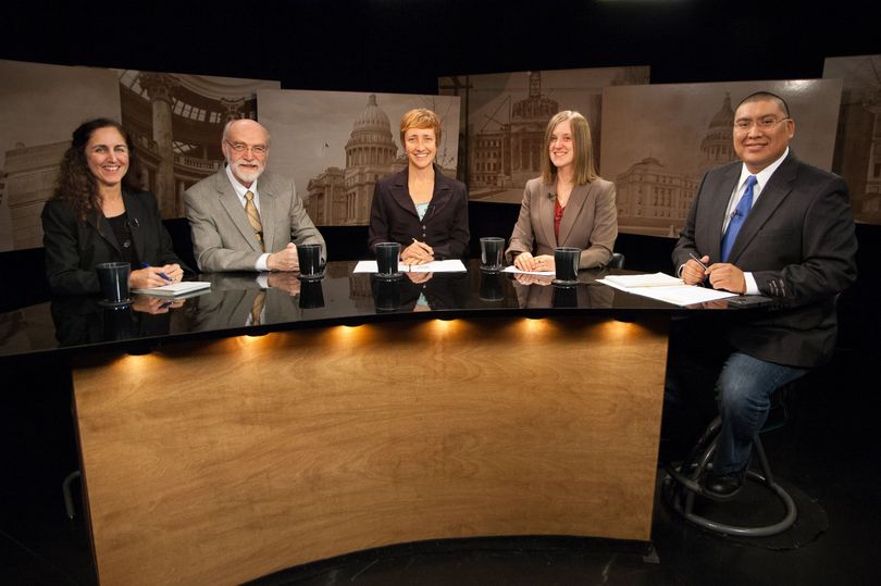 From left, Betsy Russell, Jim Weatherby, Sadie Babits, and co-hosts Melissa Davlin and Aaron Kunz on Idaho Reports (IPTV)
