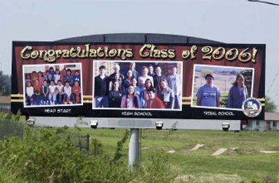 
The Coeur d'Alene Tribe offers congratulations to graduating students on a billboard outside Worley. 
 (The Spokesman-Review)