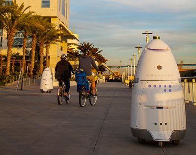 In this April 19, 2016, photo, provided by Stacy Dean Stephens, Knightscope K5 security robots, at right, and background left, patrol alongside a pier, in San Diego. The robots can identify a vehicle parked in a certain location for too long or sense intruders at odd hours. The company expects to have several large mall developers in California start using the robots in late 2016. (Stacy Dean Stephens / Associated Press)