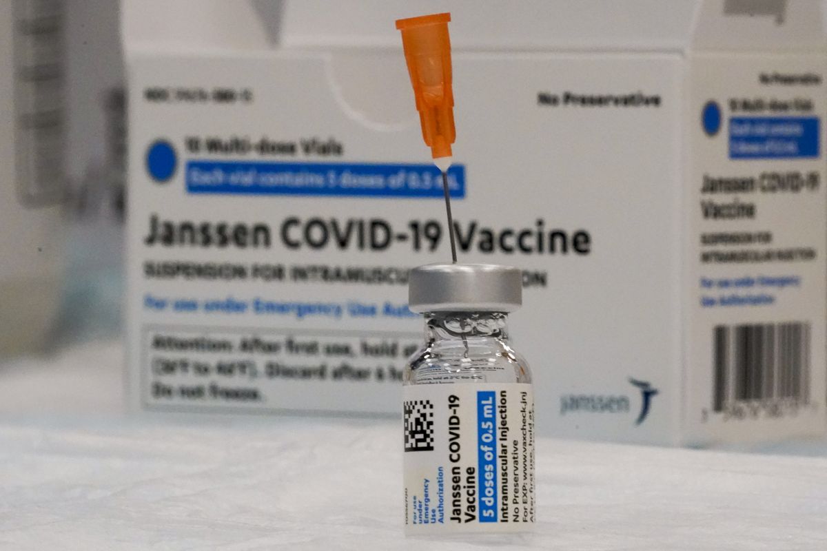 FILE - In this April 8, 2021 file photo, the Johnson &amp; Johnson COVID-19 vaccine is seen at a pop up vaccination site in the Staten Island borough of New York. With a green light from federal health officials, several states resumed use of the one-shot Johnson &amp; Johnson coronavirus vaccine on Saturday, April 24. Among the venues where it's being deployed is the Indianapolis Motor Speedway, where free vaccinations were available to anyone 18 or older. (Mary Altaffer)