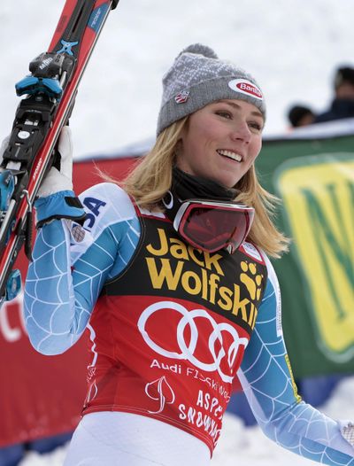 American Mikaela Shiffrin smiles after winning the women’s World Cup slalom ski race Sunday, Nov. 29, 2015, in Aspen, Colo.