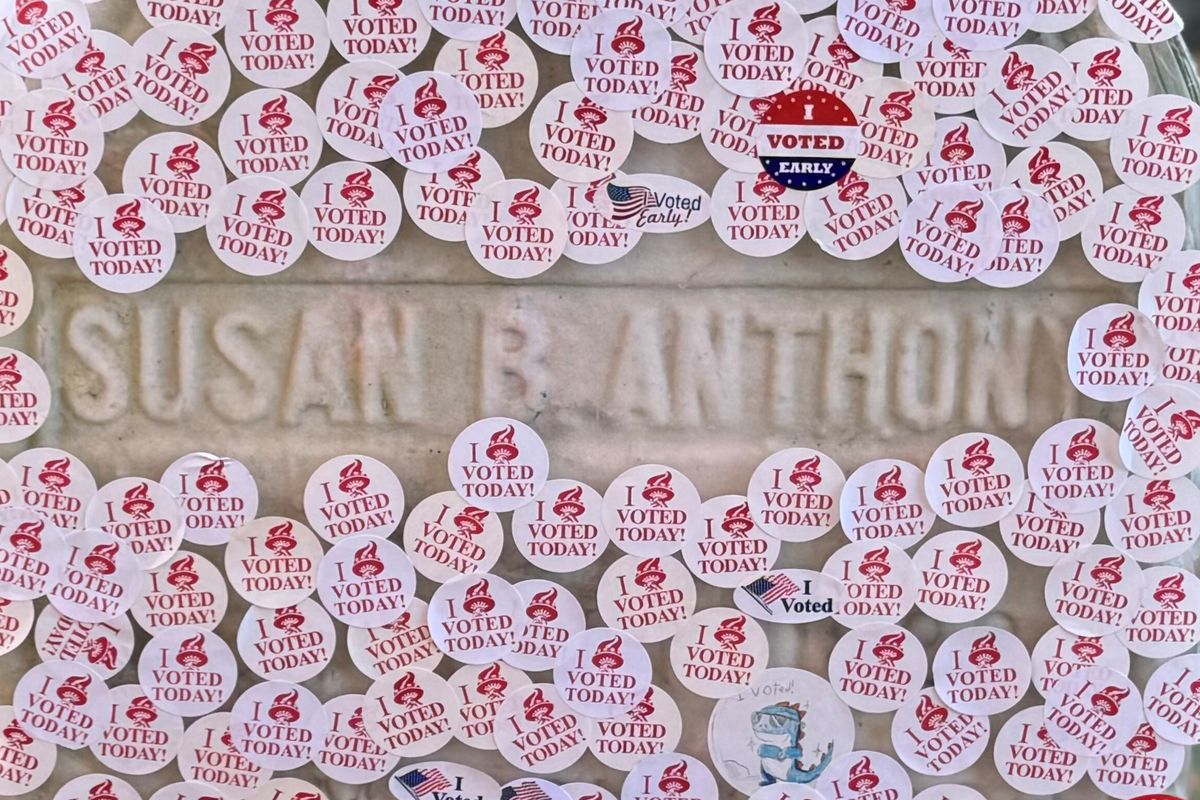 Susan B. Anthony’s gravestone in Rochester sits decorated with “I Voted” stickers after early voting began in New York last week.  (Lori Scholer/Lori Scholer)