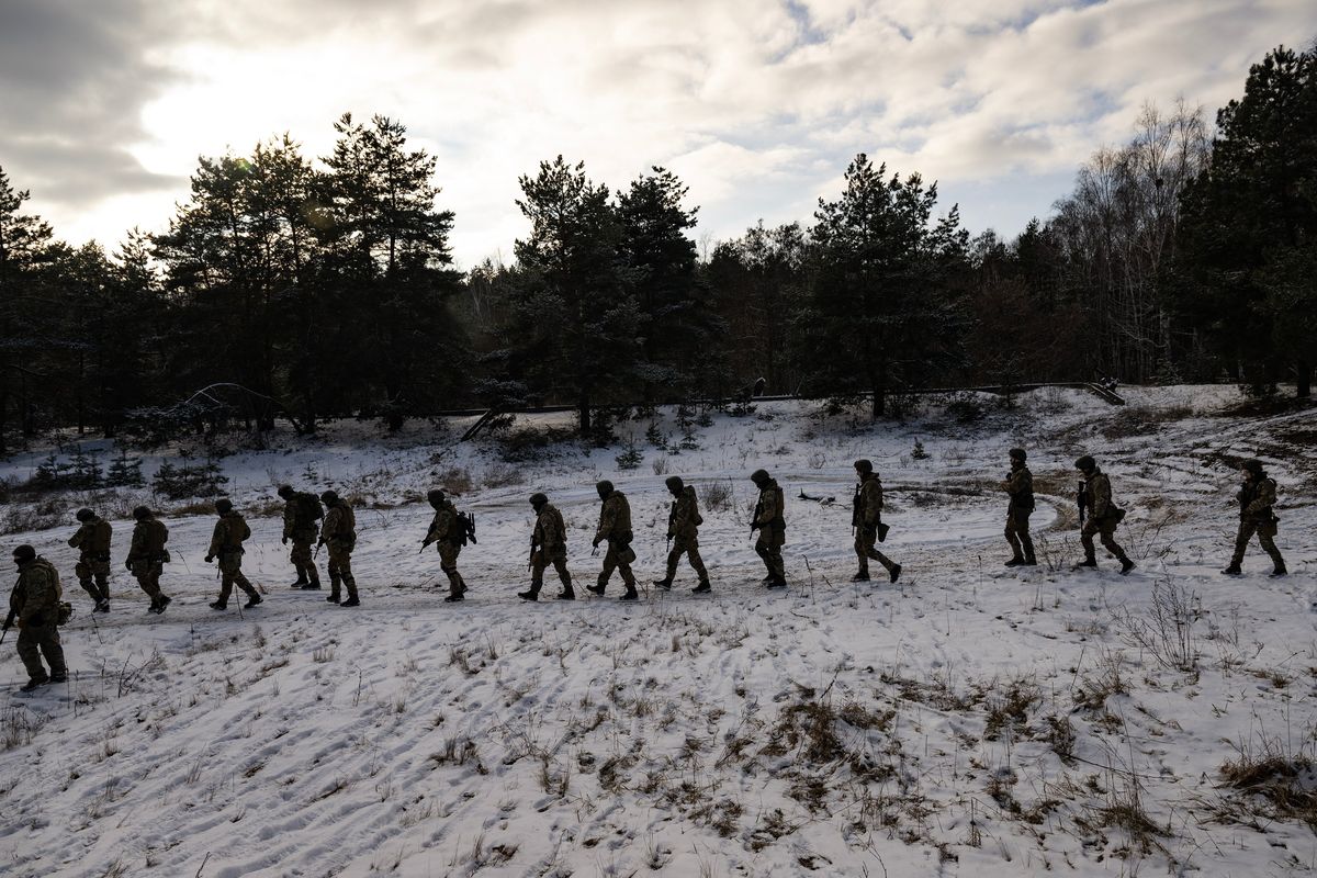 Soldiers with the Free Russia Legion training in the Kyiv region in Ukraine, Feb. 7, 2023. In the Free Russia Legion, soldiers repelled by Vladimir Putin