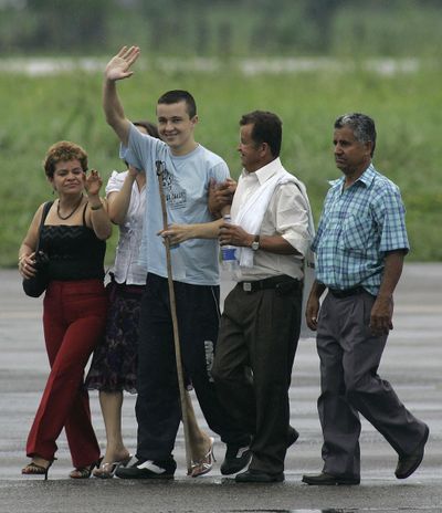 Josue Daniel Calvo arrives at  the airport in Villavicencio, Colombia, on Sunday.  (Associated Press)